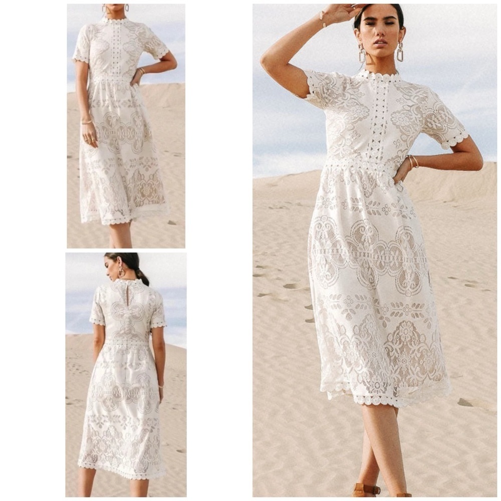 Boheme Grace White Mock Neck Lace Cocktail Bridal Chic Midi Dress S